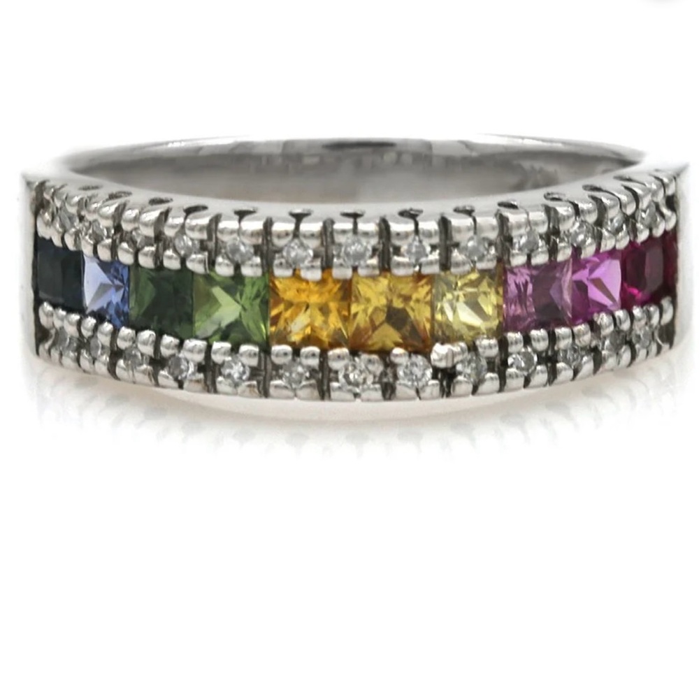 Effy 14k White Gold Multicolor Sapphires and diamonds Ring